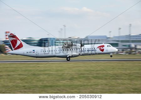 PRAGUE CZECH REPUBLIC - SEPTEMBER 20 2017: ATR-72 of Czech Airlines landing on PRG Airport in Prague. Czech Airlines CSA is the flag carrier of Czech Republic