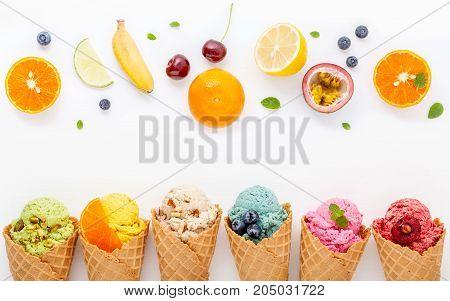 Various Of Ice Cream Flavor In Cones Blueberry ,strawberry ,pistachio ,almond ,orange And Cherry Set