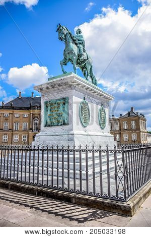 COPENHAGEN, DENMARK - JULY 20: Frederik V on Horseback Statue in Amalienborg Square