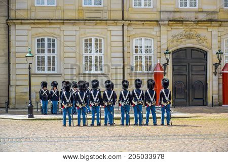 COPENHAGEN, DENMARK - JULY 20: Royal Life Guards at Amalienborg Palace, Copenhagen, Denmark
