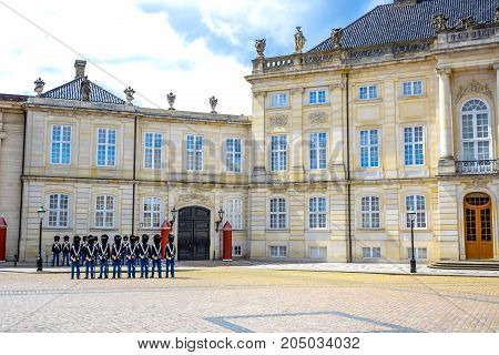 COPENHAGEN, DENMARK - JULY 20: Royal Life Guards at Amalienborg Palace, Copenhagen, Denmark