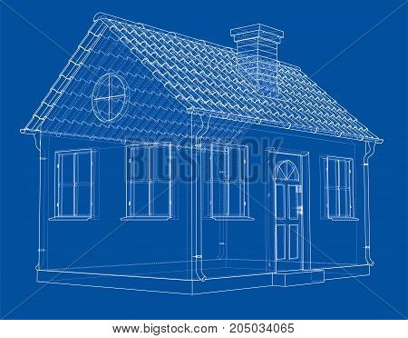 A small house with shingles roof. Vector rendering of 3d. Wire-frame style. The layers of visible and invisible lines are separated