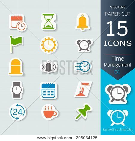 Time management related infographic icons set, Vector Illustrations stickers and paper cut style, Easy to editable and change, Separate background, Expand to any size, Change to any colour.