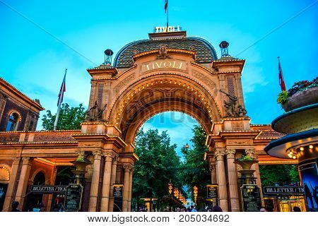 COPENHAGEN, DENMARK - JULY 20: Tivoli gardens, a famous amusement park and pleasure garden in Copenhagen, Denmark