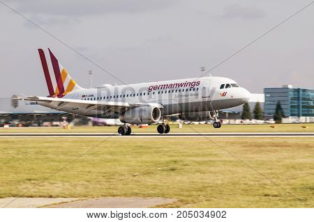 PRAGUE CZECH REPUBLIC - SEPTEMBER 20 2017: Airbus A320 Germanwings Lufthansa Group landing in Prague Airport.