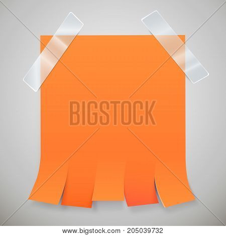 Blank orange advertisement with tear off tabs and adhesive tape. Ad concept. Vector illustration