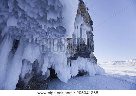 Icicles Rock. Lake Baikal. Winter Landscape