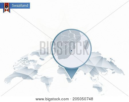Abstract Rounded World Map With Pinned Detailed Swaziland Map.