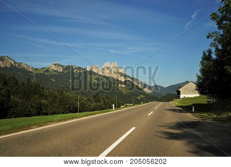Road in the Tyrolean Alps in the direction of the Mount Red Flueh
