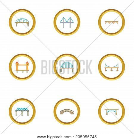 Types of bridges icons set. Cartoon style set of 9 types of bridges vector icons for web design