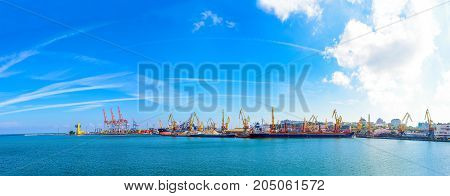 Silhouette of a crane. Cranes at the port. harbor. Sea port. Day at the port