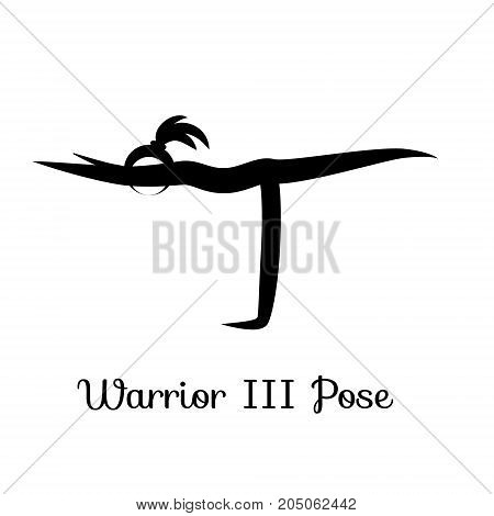 Warrior III Pose, Virabhadrasana III. Yoga Position. Vector Silhouette Illustration. Vector graphic design or logo element for spa center, studio, poster. Yoga retreat. Black. Isolated