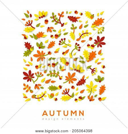 Autumn cute paper cut background. Vector illustration. Floral natural shapes, flowers, berries and leaves. Chestnut leaf, oak tree and acorn