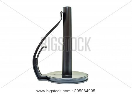 Close up black plastic holder for paper towels isolated on white background