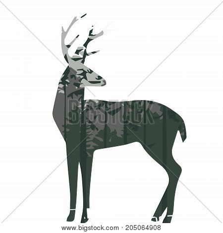 silhouette of a deer with pine forest white background, vector illustration