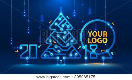 Template new year and Christmas cards in the style of new technologies. Christmas tree 2018 year on the printed circuit Board. Snowfall and snow flakes from the electronic pulses and signals. VECTOR