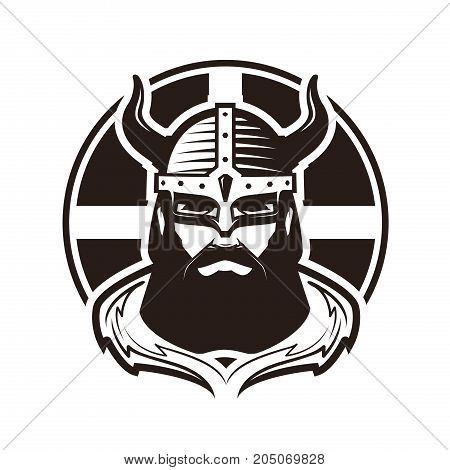 Viking logo or label. Warrior in armor. Vector illustration isolated on white background