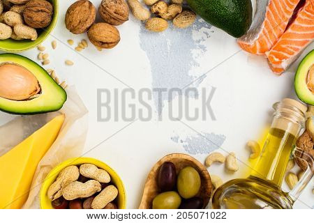 Unsaturated fats. Sources of fats good for health. Top view