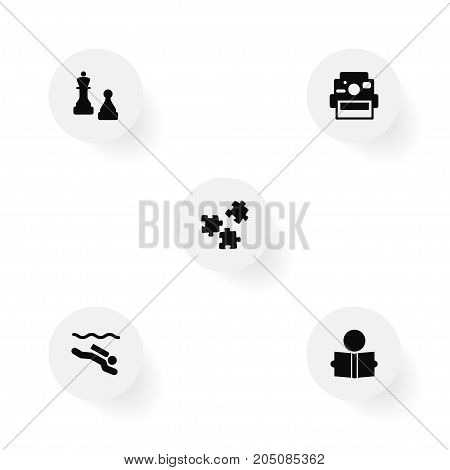 Collection Of Learning, Frogman, Photo Camera And Other Elements.  Set Of 5 Lifestyle Icons Set.