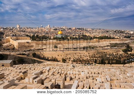 View on Jerusalem and the Temple Mount with the Dome of the Rock and the Mount of Olives. Palestine-Israel