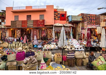MARRAKECH MOROCCO - APR 28 2016: Berber market selling textile in the souks of Marrakesh.
