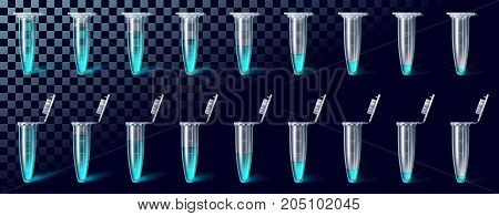 A set of the opened and closed microtest tubes with different amount of blue liquid and with shadows on a dark blue transparent background. Realistic vector illustration.
