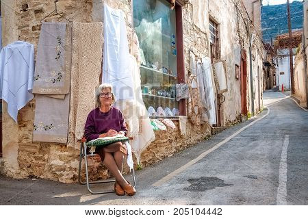 Lefkara Cyprus - October 15 2011: Shop Of Traditional Embroideries In Lefkara.