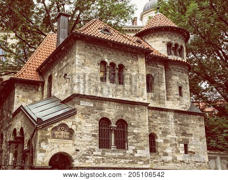 Jewish ceremonial hall in Prague near the Klausen synagogue Czech republic. Architectural theme. Religious architecture. Retro photo filter.