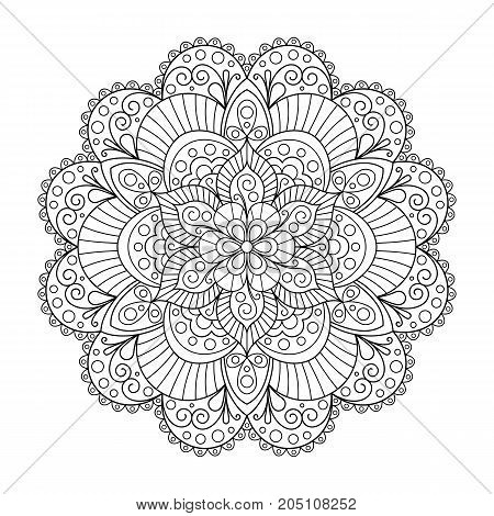 Uncolored Patterned Outline Mandala. Design Element Mandala for Page of Coloring Book.