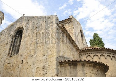 Upper part of the romanic church of Saint Vicent in Besalu a town in the comarca of Garrotxa in Girona Catalonia Spain.