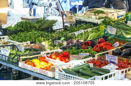 Rome Italy February 11 2017: vegetables stall in historical Campo De fiori Market in rome