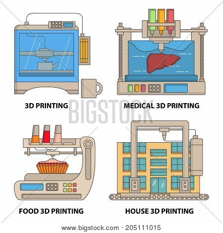 Vector 3d printer flat thin line icon set. Ceramics, medical, food and house 3d printing technologies concept design elements isolated on white background.