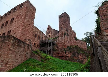 Ancient castle Wertheim. View from inside on the ruined fortress walls against the sky. Germany. Tourist attraction