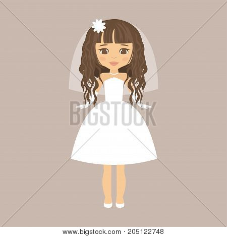 cartoon bride with curly hair in a short dress