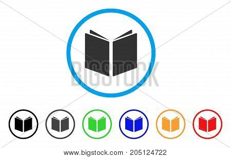 Open Book rounded icon. Style is a flat open book gray symbol inside light blue circle with black, gray, green, blue, red, orange color versions. Vector designed for web and software interfaces.