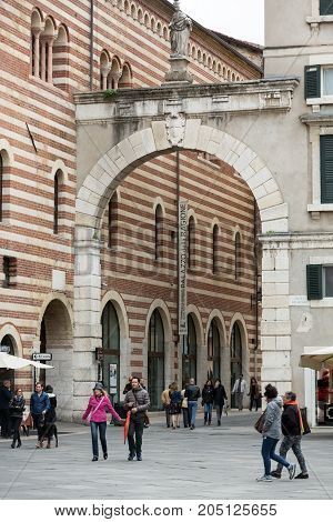 VERONA ITALY - MAY 1 2016: Verona - Piazza dei Signori is the civic and political heart of Verona Italy