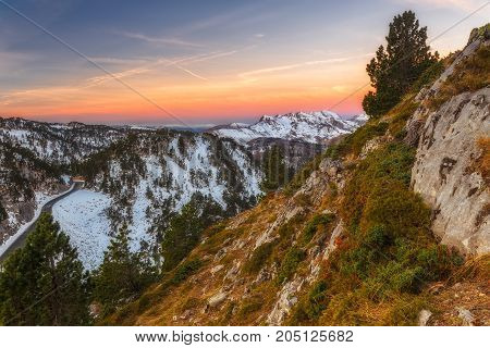 Winter sunrise at Pirineos mountains in Pirineos