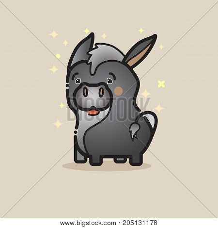 Cute donkey  isolated on gray background. Lovely amusing animal. Little gray donkey icon. Vector logo design template in cartoon style. Emblem, mascot, sticker or badge for packaging or kids store.