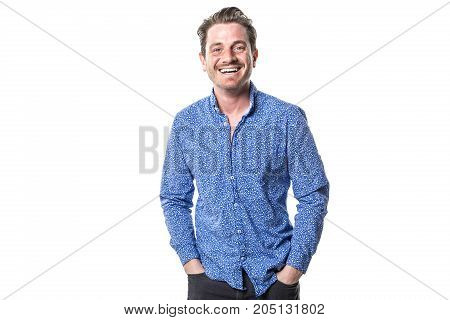 A Portrait of european man isolated over white background. Caucasian male model in studio shoot.