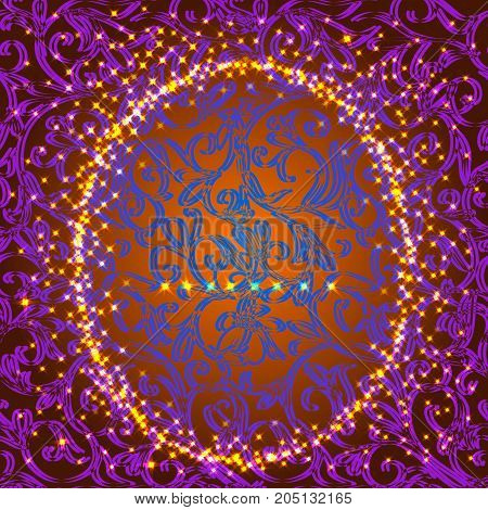 Background with ornament in violet colors. Illustration with round frame.