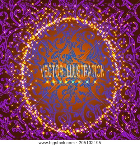 Background with ornament in violet colors and round frame. Vector illlustration.