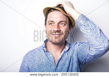 A Portrait of european man isolated over white background. Caucasian male model in studio shoot.