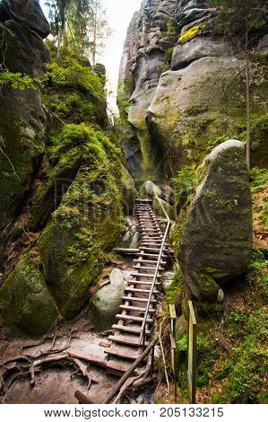 Steps in Unique rocks mountain Adrspasske skaly in national park Adrspach in Czech republic