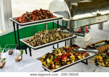 buffet table, Canape, sandwiches, snacks, holiday table, sliced, glasses celebration new year christmas fourchette catering table setting