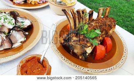 Traditional Romanian pork dish on a outdoor buffet