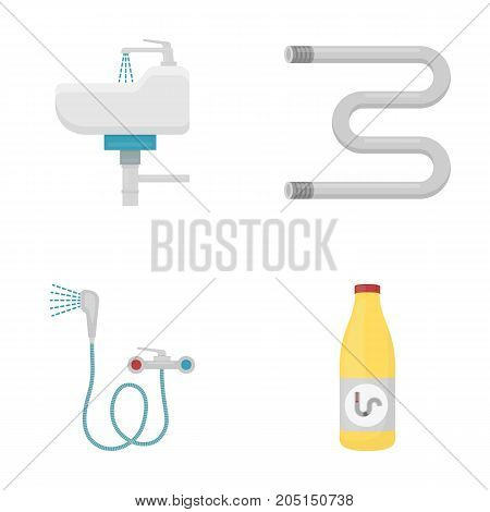 Washbasin, heated towel-dryer, mixer, showers and other equipment.Plumbing set collection icons in cartoon style vector symbol stock illustration .
