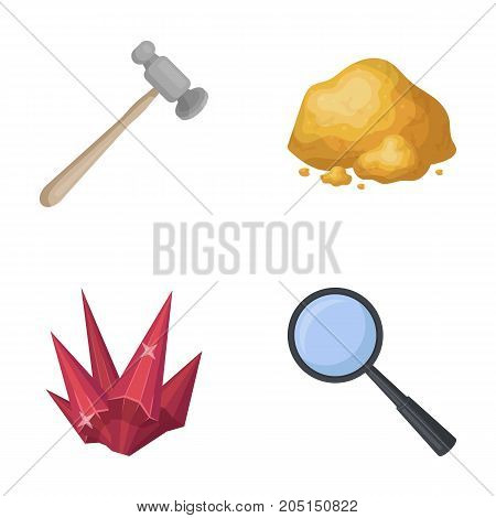 A jeweler's hammer, a magnifier, a copper ore, a crystal. Precious minerals and a jeweler set collection icons in cartoon style vector symbol stock illustration .