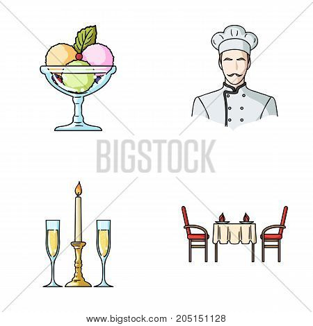 Ice cream with fruit, chef, candle and glasses, a covered table.Restaurant set collection icons in cartoon style vector symbol stock illustration .