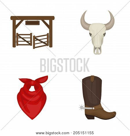 Gates, a bull's skull, a scarf around his neck, boots with spurs. Rodeo set collection icons in cartoon style vector symbol stock illustration .