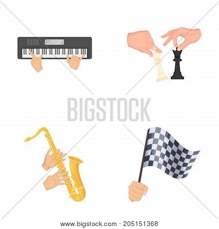 Playing on an electric musical instrument, manipulation with chess pieces and other  icon in cartoon style. playing on a gold saxophone, checkered flag of auto racing in hand icons in set collection.